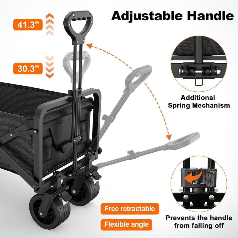 إي وورلد عربة تسوق قابلة للطي – عربة متعددة الاستخدامات شديدة التحمل بسعة 150kg، مع مقبض قابل للتعديل، وجيبين، وعجلات دوارة بزاوية 360°، قماش مقاوم للماء، مدمجة للبحر، والتخييم، والحديقة، والاستخدام اليومي – اللون الأسود - Image 3